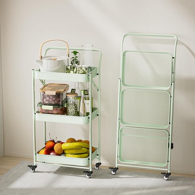JAQ Foldable Rolling Cart, 3-Tier Metal Folding Storage Utility Carts Basket by JAQ-BuyNow