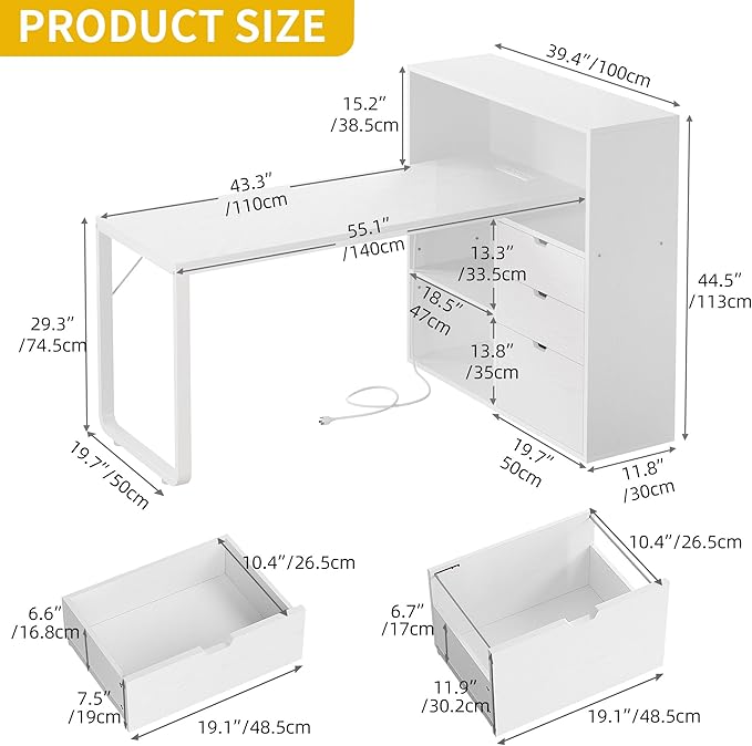 DWVO L Shaped Desk with Drawers, Home Office Desk with Storage Shelves - Image 2