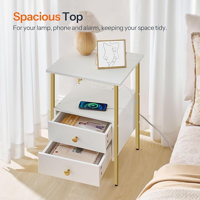 HOOBRO End Table with Charging Station, Bedside Table with 2 Drawer & USB Port - Image 5