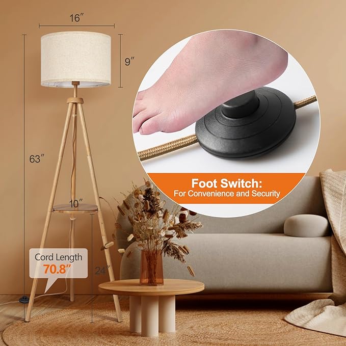 OUTON Tripod Floor Lamp with Shelves, Mid Century Dimmable Wood Floor Lamp with - Image 7