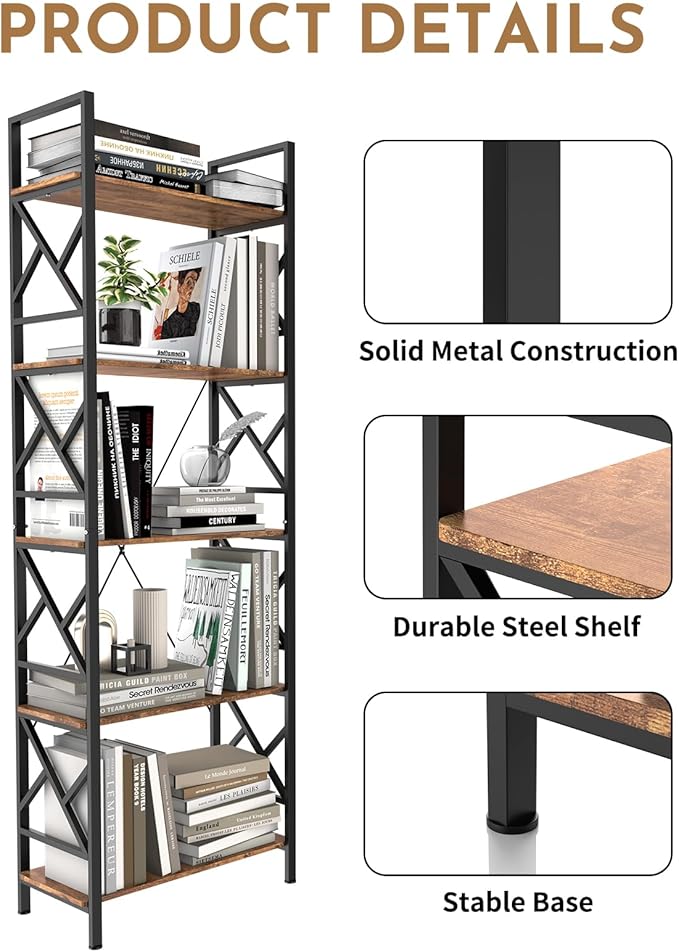 72"H 5-Tier Bookshelf: MDF Wood & Steel Shelves - Image 3