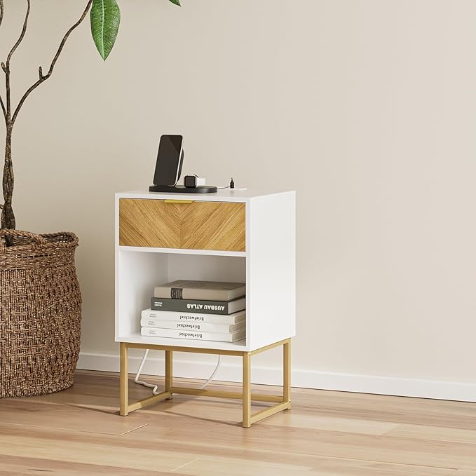 Masupu Nightstand with Charging Station, Modern Night Stand Boho Farmhouse Wood - Image 8