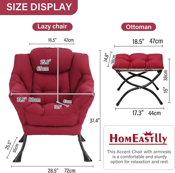 Lazy Chair with Ottoman, Large Modern Lounge Accent Chair with Armrests and - Image 3