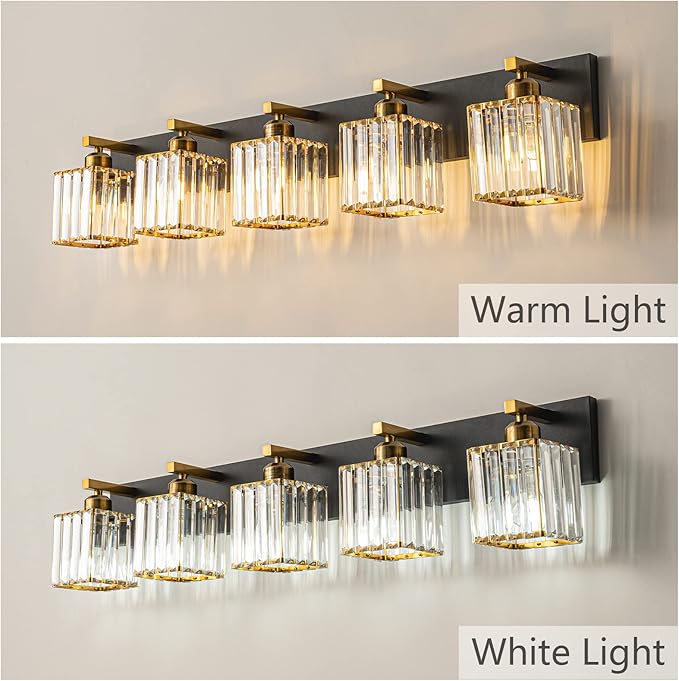 Modern Bathroom Vanity Light 5-Lights Black Gold Crystal Bathroom Wall Light - Image 2