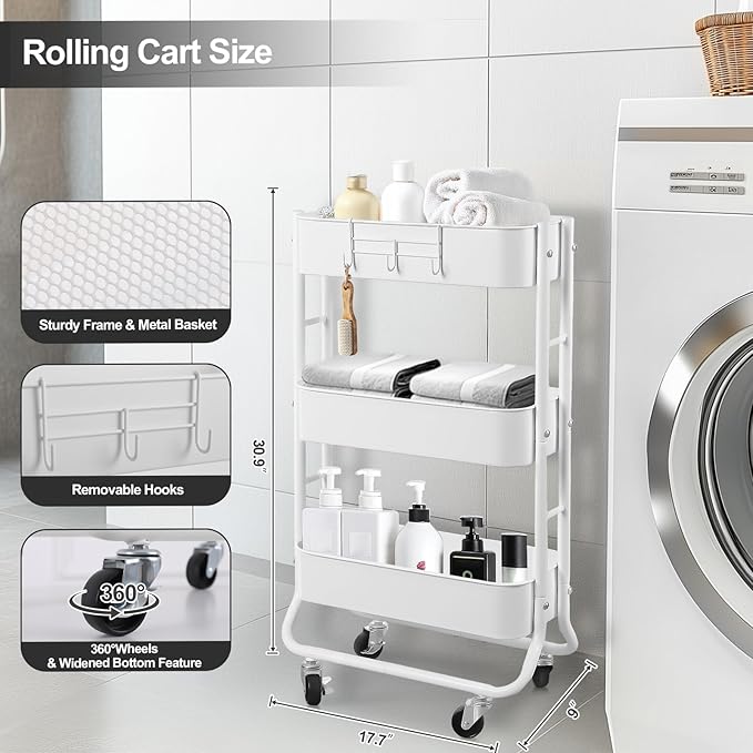 MAX Houser Slim 3-Tier Rolling Utility Cart, Narrow Metal Bathroom Storage - Image 2
