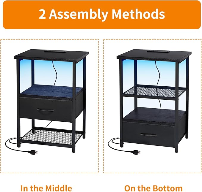 Fixwal Night Stand with Charging Station, LED Nightstand Side Table with Fabric - Image 6