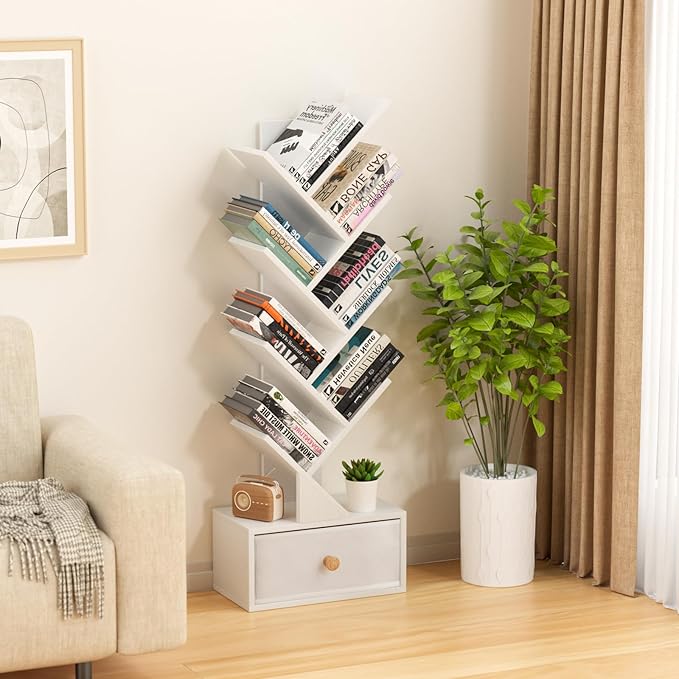 8 Tier Tree Bookshelf with Drawer, Free Standing Wood Bookcase - Image 4