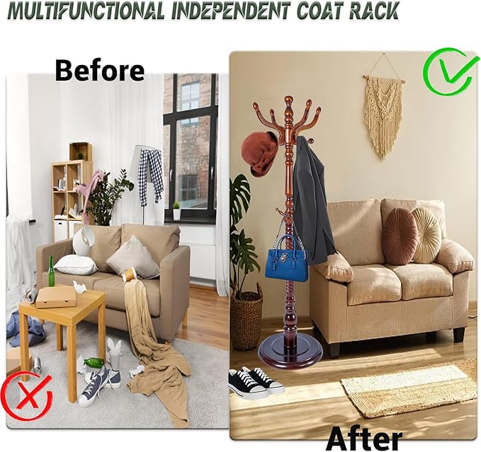 73" Wooden Coat Rack Stand, Coat Racks Freestanding - Image 5