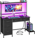 Computer Gaming Desk with Hutch, Home Office Desk with Power Outlets, LED Light by Korfile