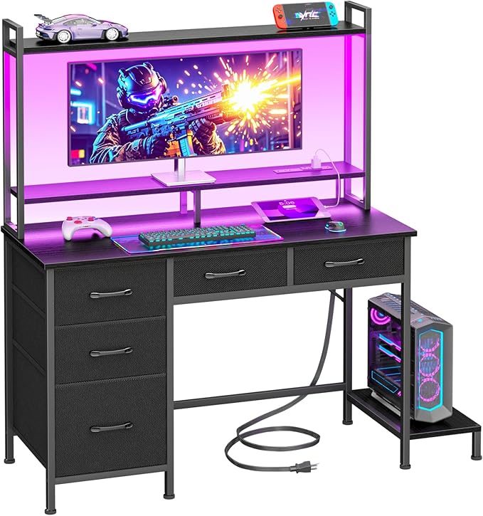 Computer Gaming Desk with Hutch, Home Office Desk with Power Outlets, LED Light by Korfile