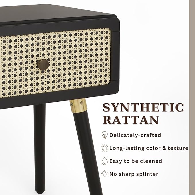 Bme Nipe Black Solid Wood Rattan Nightstand Fully Assembled, Woven Cane End - Image 6