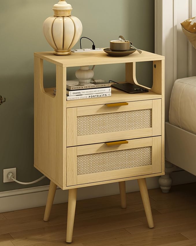Rattan Nightstand with Charging Station, Modern Bedside Table with 2 Storage by Unknown
