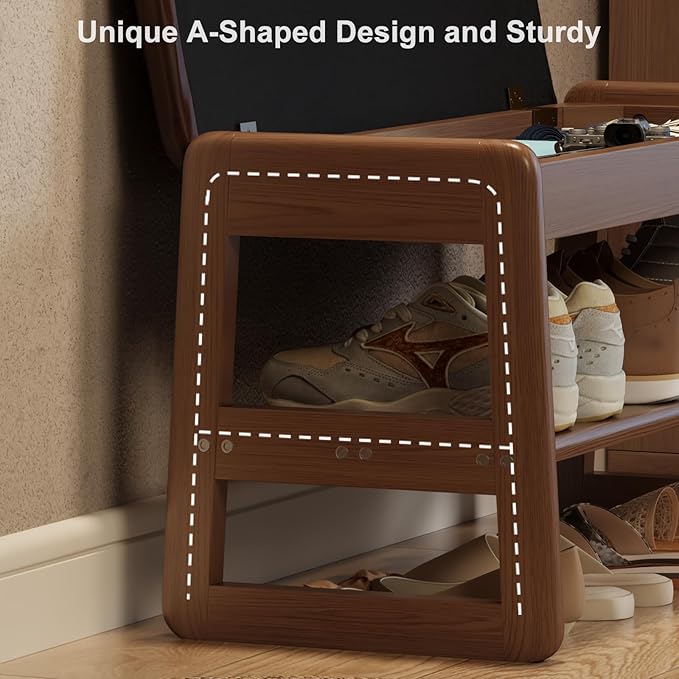 Small Shoe Bench with Leather Cushion, 2 Tiers Shoe Rack Bench with Flip-Top - Image 7