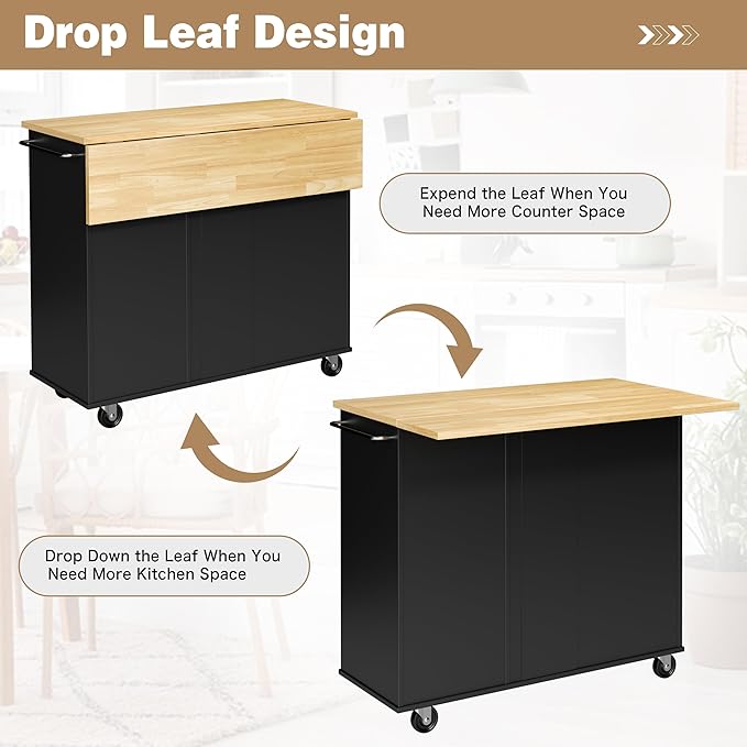Shintenchi Kitchen Island with Folding Drop Leaf, Rolling Island Table with - Image 3