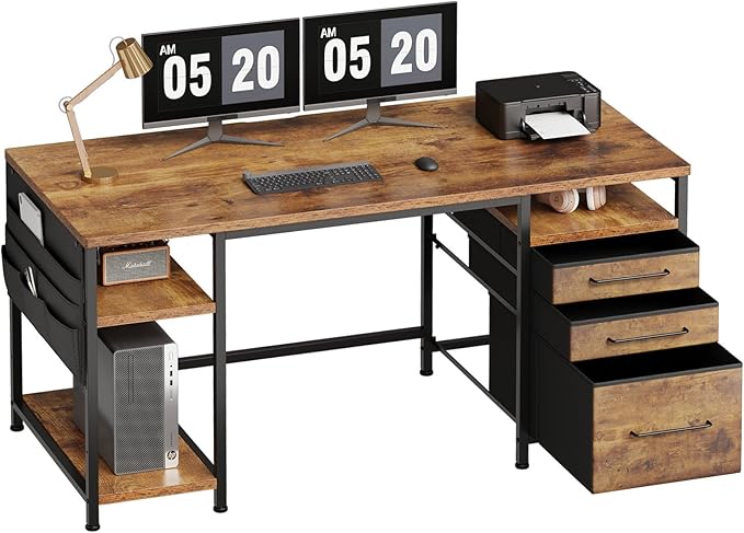 Ｍａｉｈａｉｌ 59" Computer Desk with 3 Fabric Drawers and Wooden Shelves by Maihail