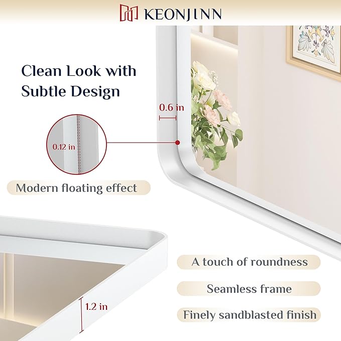 Keonjinn White Framed Mirrors for Bathroom 20 x 30 Inch Rounded Rectangle - Image 3