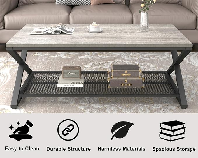 LVB Gray Coffee Table, Farmhouse Wood Metal Center Table - Image 5