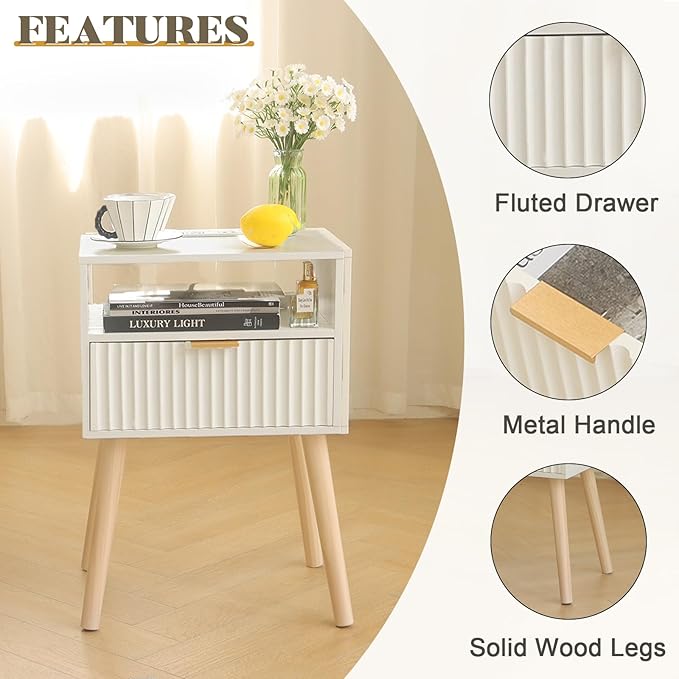 White Nightstand with Charging Station, Modern Bedside Table with Drawer and - Image 5