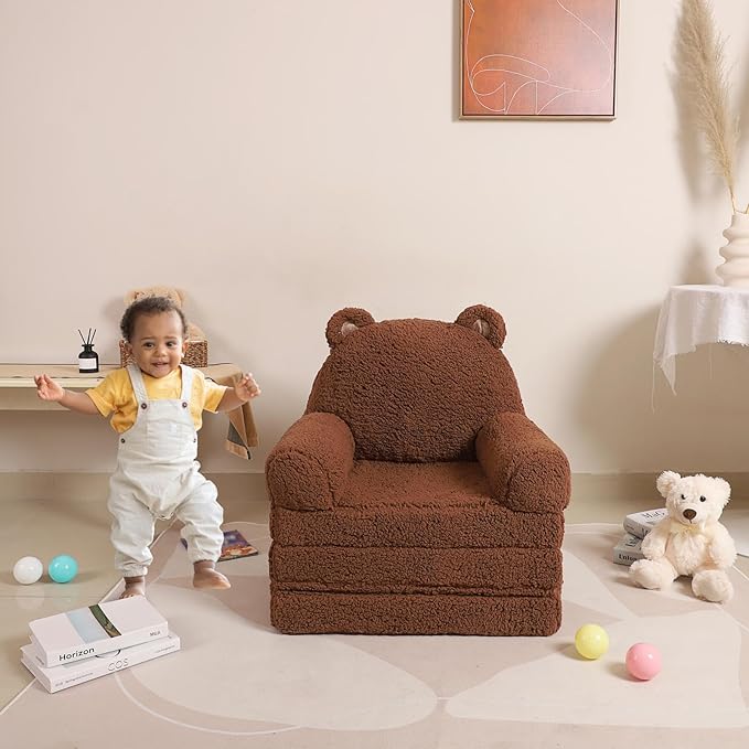 Foldable Kids Sofa, Sherpa Teddy Bear Toddler Couch - Image 4