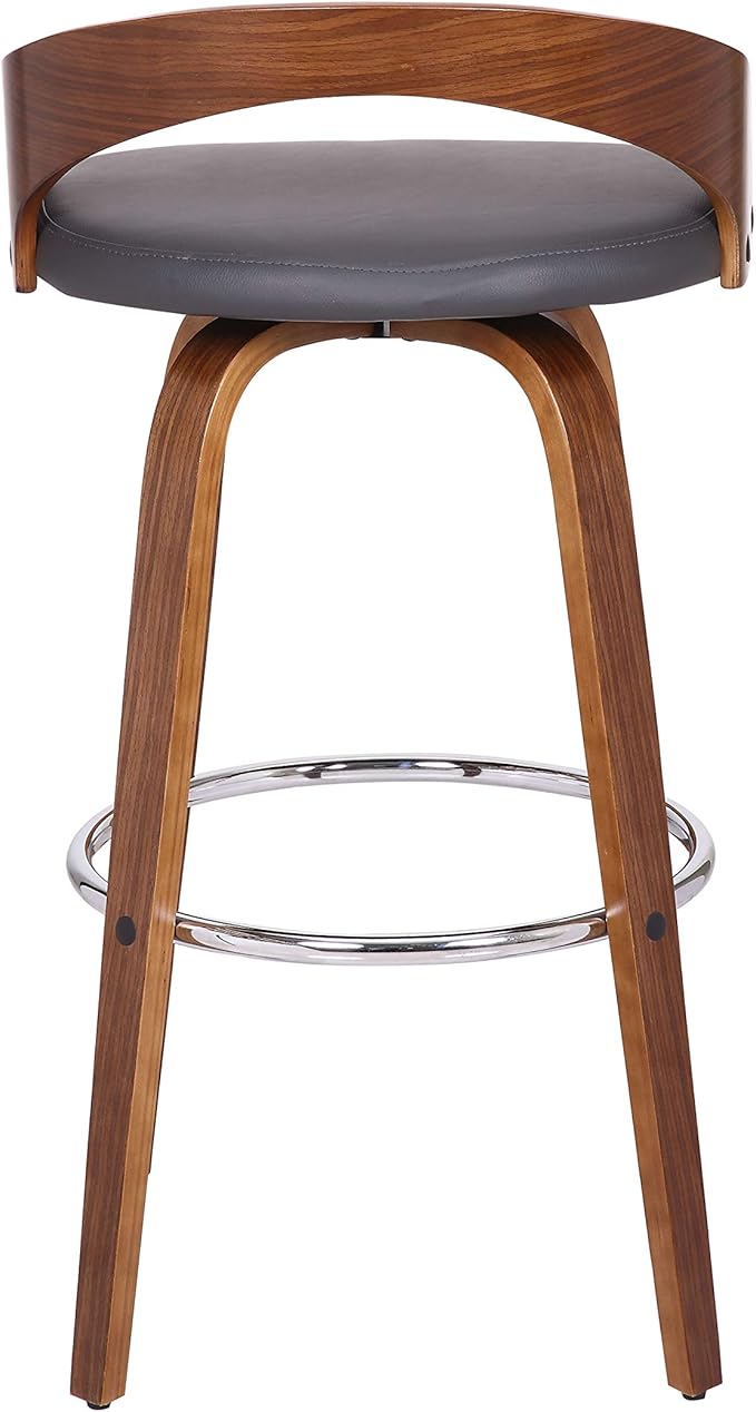 Armen Living Sonia 30" Bar Height Swivel Gray Faux Leather and Walnut Wood Bar - Image 9