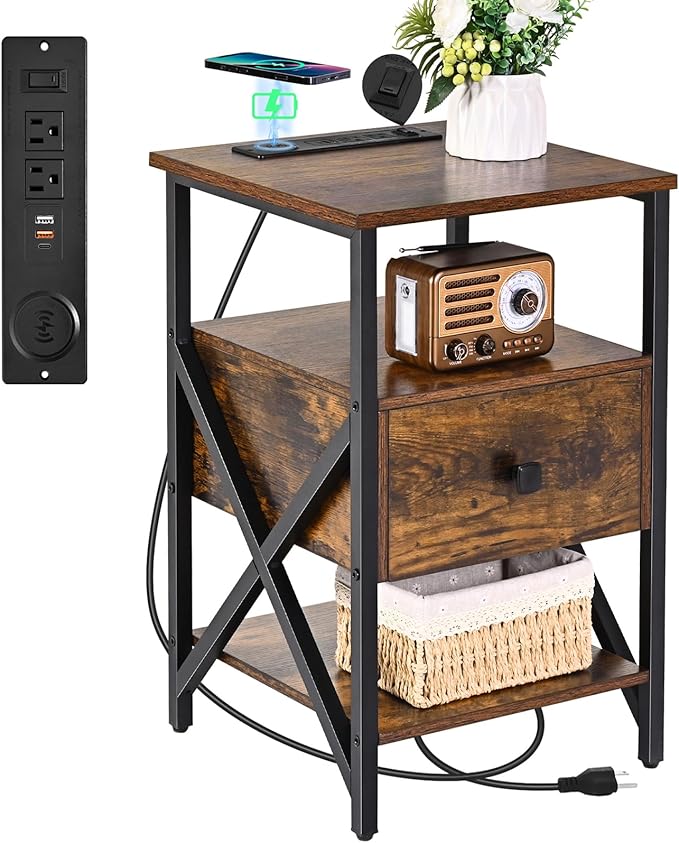 End Table with Wireless Charging, Charging End Table Bedside Table with Outlets by Livofloral