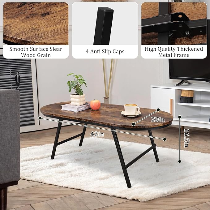 Folding Coffee Table for Living Room Industrial Brown Small Low Table Wooden - Image 5