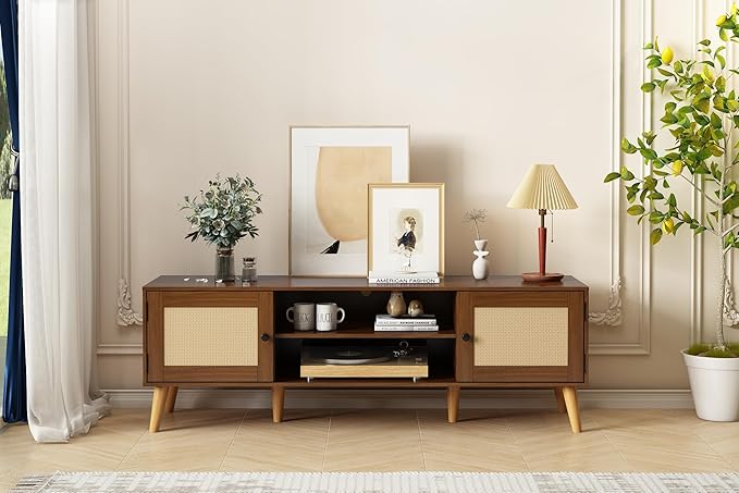 TV Stand for TVs up to 65 inches, Rattan Grain Finish Panel - Image 6