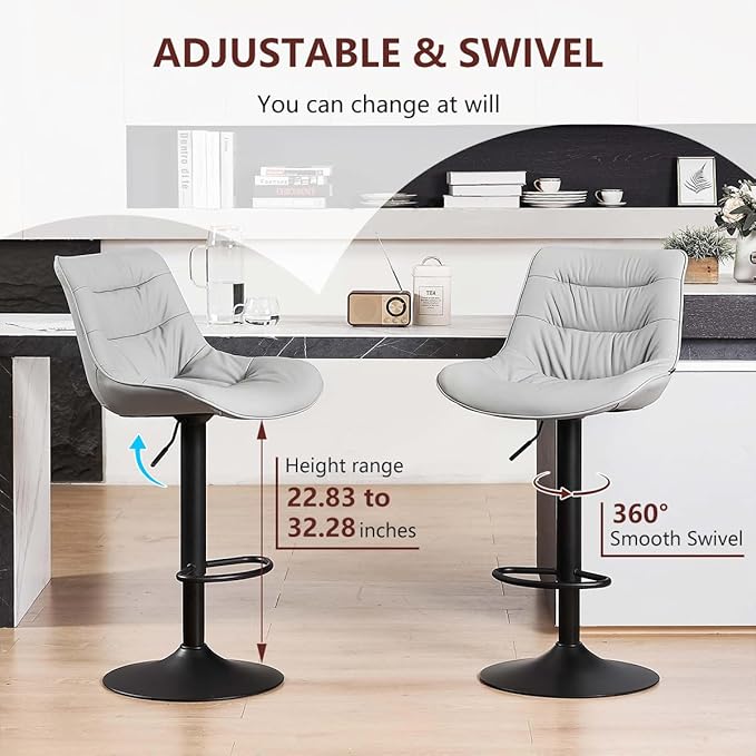 Kidol & Shellder Bar Stools Set of 2 Adjustable Swivel Gray, PU Leather - Image 6