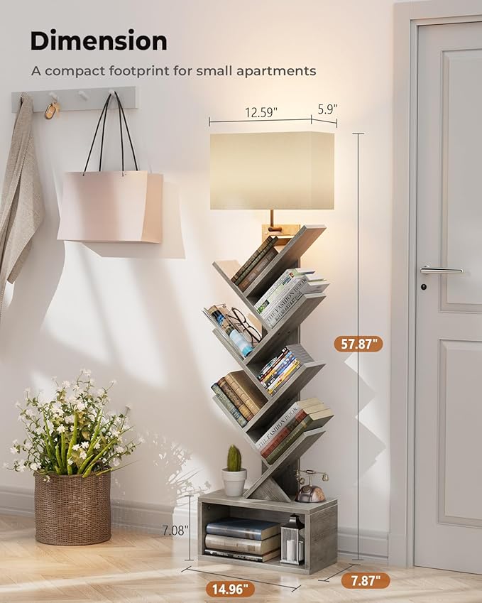 6 Tier Tree Bookshelf with Light, Narrow Bookcase Tower, Tall Floor Standing - Image 2