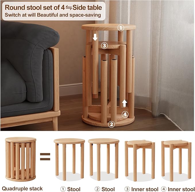 Stackable Stools Set of 4 Wooden Stools 18 Inch Stool Nesting Side Tables - Image 3