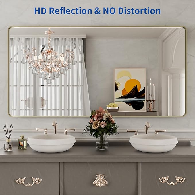WEER Gold Bathroom Mirror, 60x30 Inch Brushed Gold Metal Frame, Rounded - Image 2