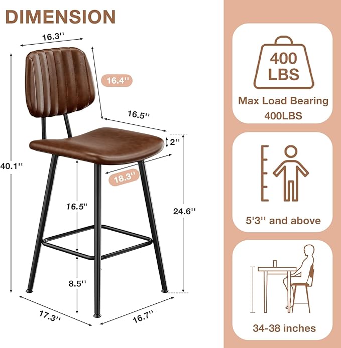 24-Inch Leather Bar Stools, Counter Height Barstools - Image 2