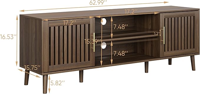 Smuxee Walnut TV Stand with Grille Striped Design, 62.99" Mid Century Modern TV - Image 7