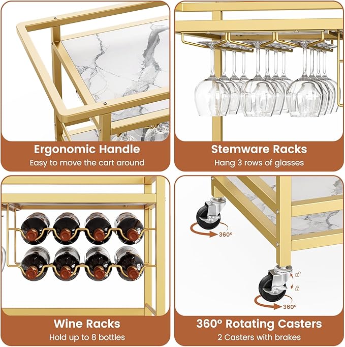 Leteuke Bar Cart for Home, 3 Tier Gold Serving Rolling Carts - Image 4