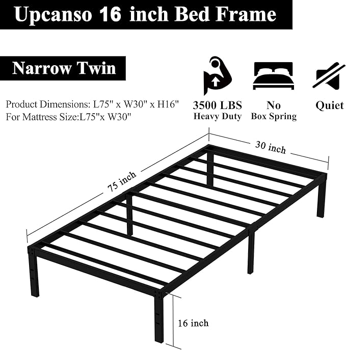 16 Inch Narrow Twin Bed Frame 30x75 No Box Spring Needed, Metal Platform 75x30 - Image 2