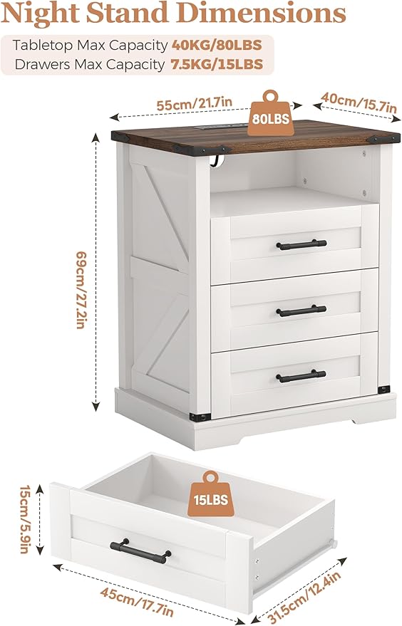 Night Stand with Charging Station 22" Large Farmhouse Nightstands with 3 - Image 2
