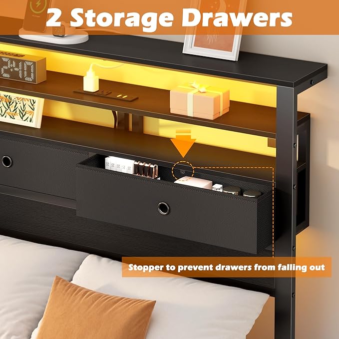 Furnulem Twin Bed Frames with Charging Station and LED Lights, Wood Headboard - Image 3