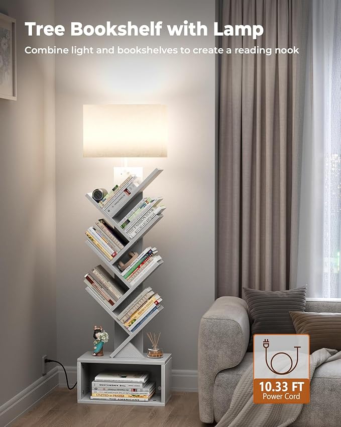 6 Tier Tree Bookshelf with Light, Narrow Bookcase Tower, Tall Floor Standing - Image 3