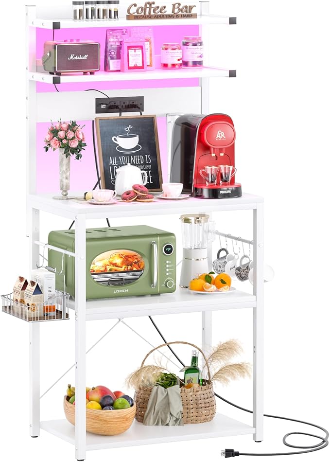 Aheaplus Bakers Rack with Power Outlet, Microwave Stand, 5 Tiers Coffee Bar - Image 2