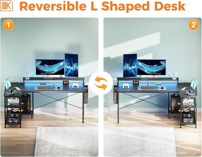 ODK 58 Inch Gaming Desk with USB Charging Ports and LED Lights, Reversible L - Image 8
