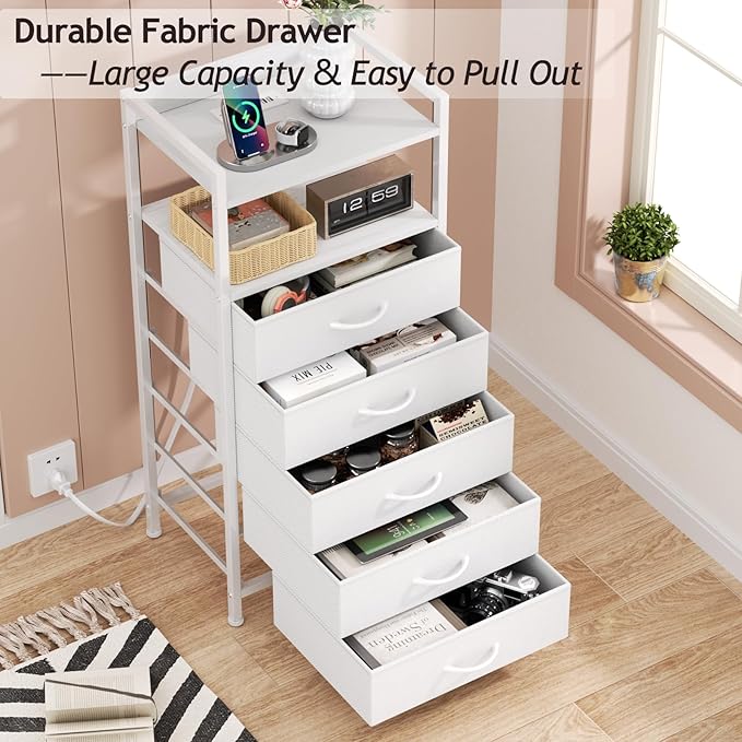 Furnulem White Nightstand with 5 Storage Drawer, Tall Dresser - Image 7