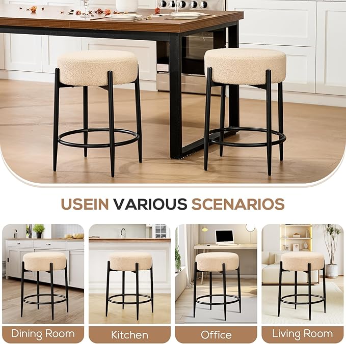 Dining Room Chairs Set of 6, 23.6" Sherpa Backless Beige Boucle Dining Chair - Image 6