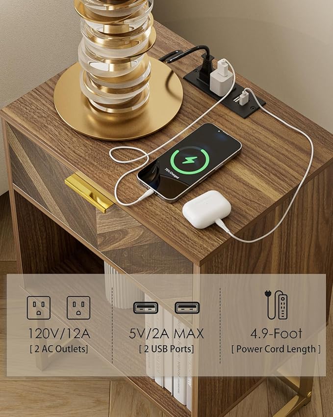 Nightstand with Charging Station, Boho Night Stand Wood Farmhouse Bedside Table - Image 3