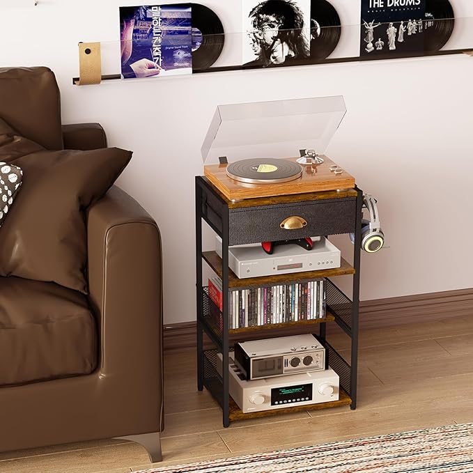 4-Tier AV Media Stand with Drawer, Video Game Console Shelf with 2 Hooks - Image 6