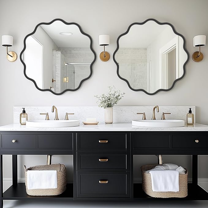 PROHOMEWARE Black Round Mirror 28 Inch Wavy Bathroom Vanity Mirror Gold Frame - Image 2