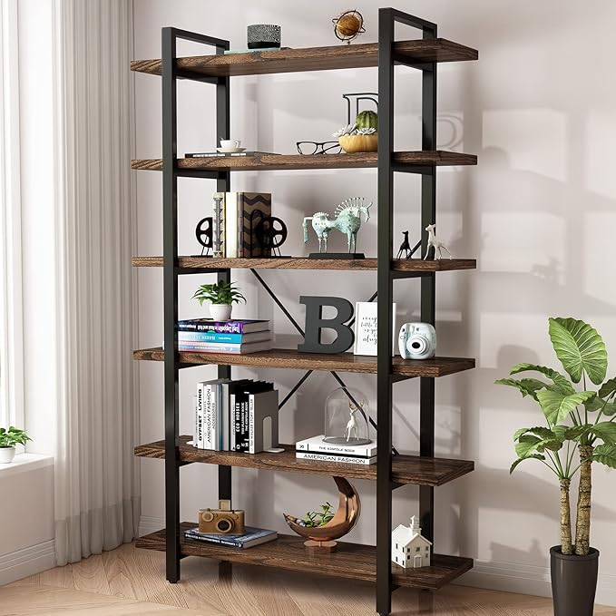 Solid Wood Bookcase and Book Shelves Wood and Metal Shelving Unit 6 Tier by AY-AOYUAN