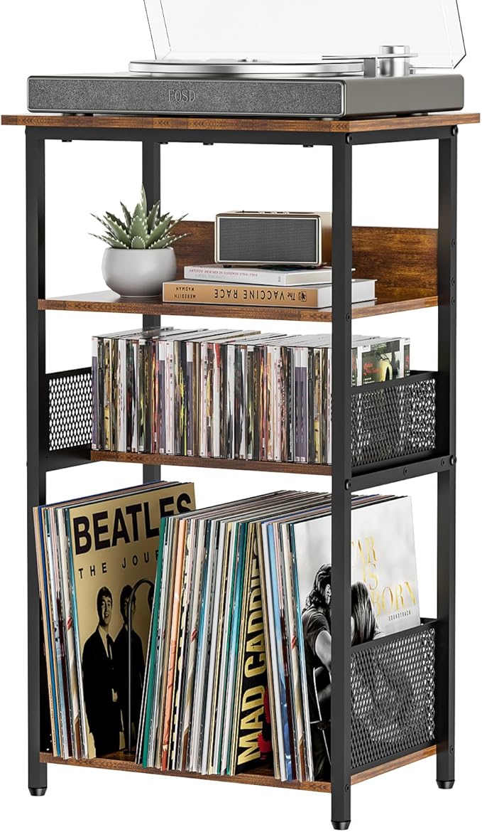 Record Player Stand with Storage Up to 100 Albums and 40 CDs, 4 Tier Vinyl by Huxitocan