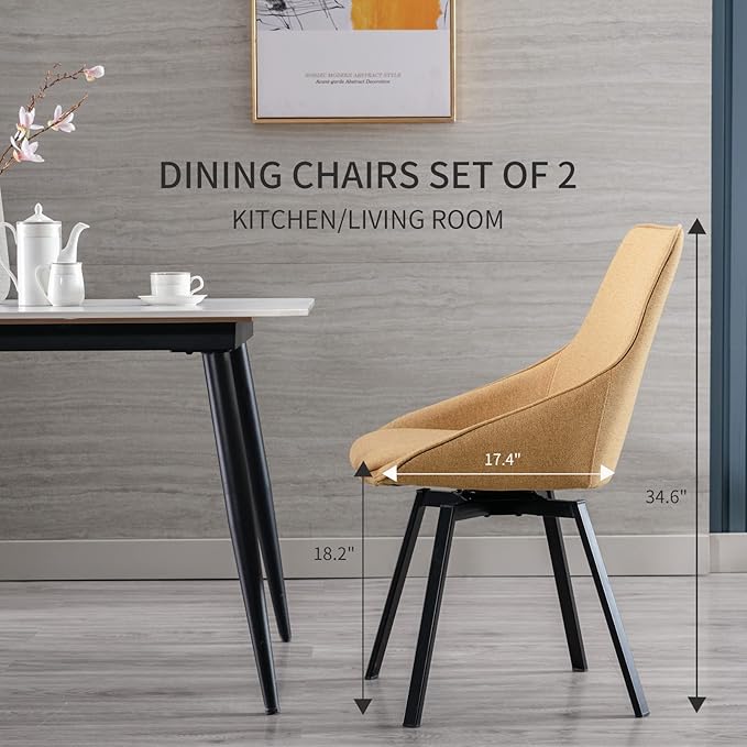 Dining Chairs Set of 2 Yellow Living Room Chairs Fabric Upholstered Kitchen - Image 6