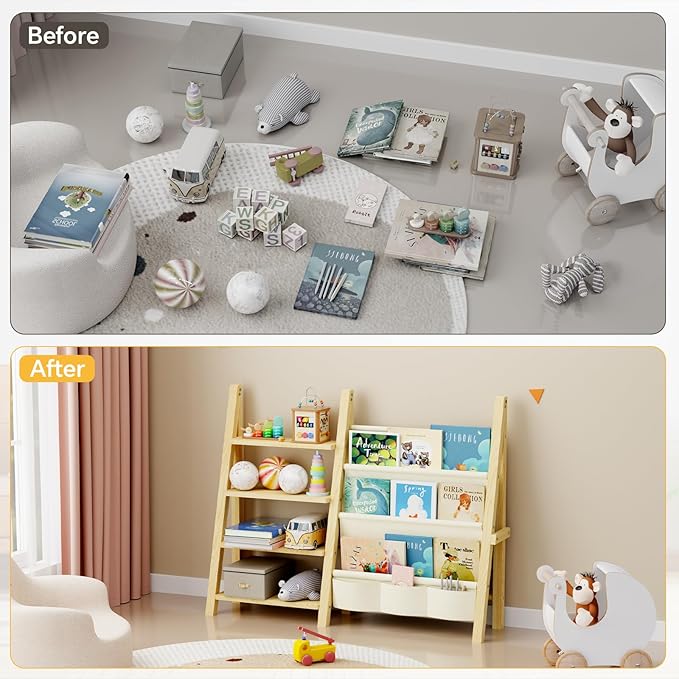 Toy Storage Organizer with Kids Bookshelf, Montessori Wooden Toy Organizer Book - Image 4