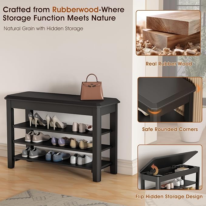 Shoe Rack Bench Seat Rubberwood 3-Tier Wooden Storage Bench 550lbs Compact - Image 6
